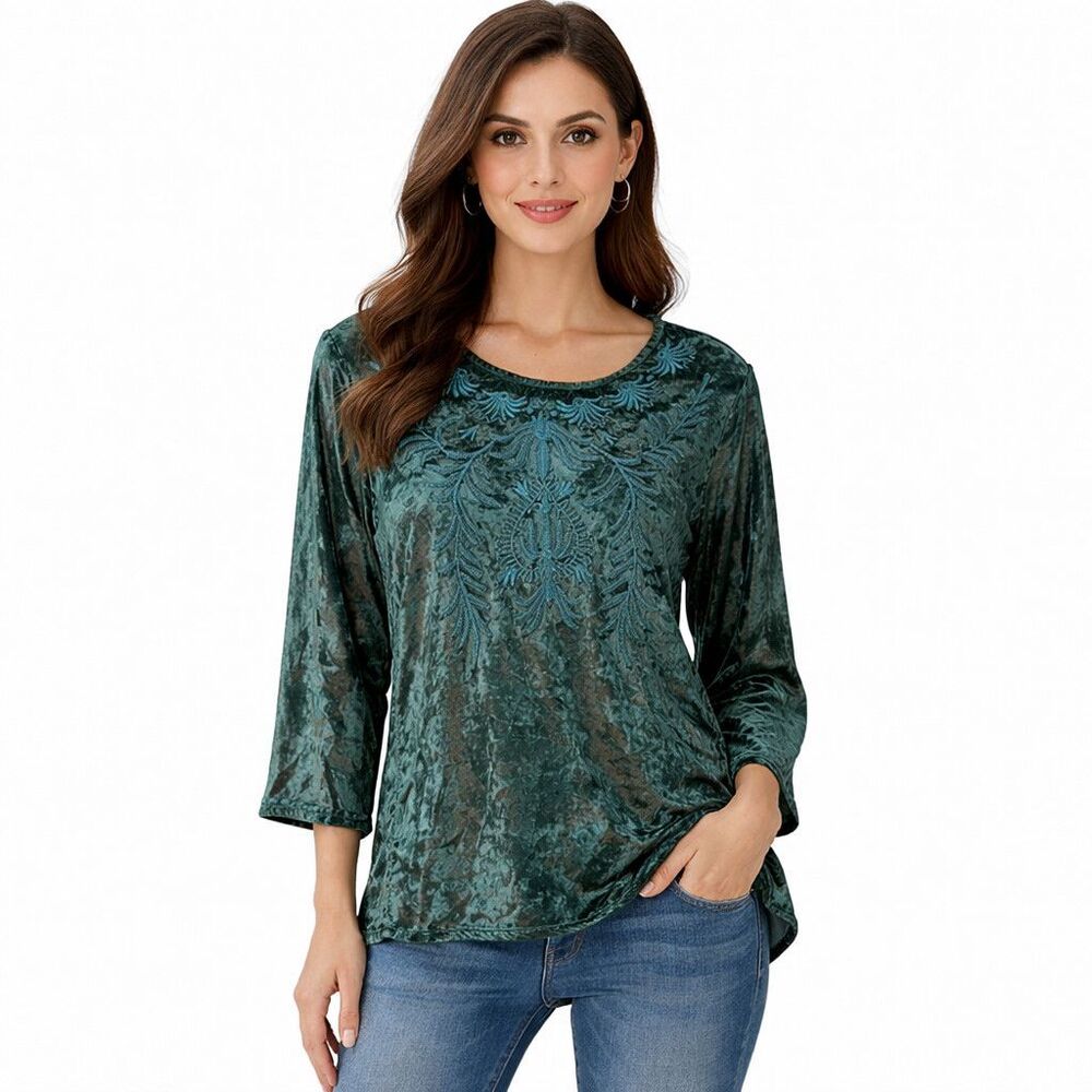 Tru Luxe Jeans Tunic Blouse Womens Large Green Velvet Embroidered 3/4 Sleeve Top